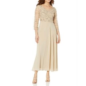J Kara Women's 3/4 Sleeve Beaded Bodice Pop Over Long Dress #1045